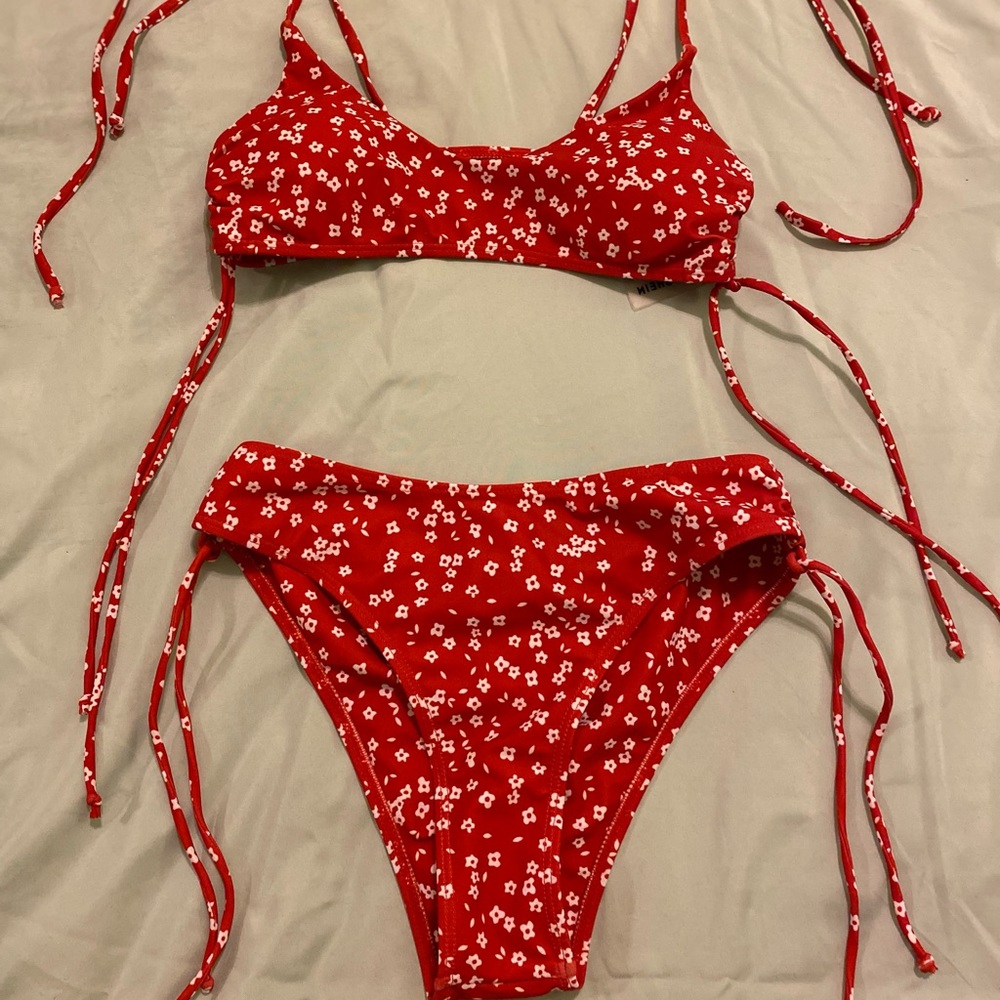 Red floral two-piece tie bathing suit